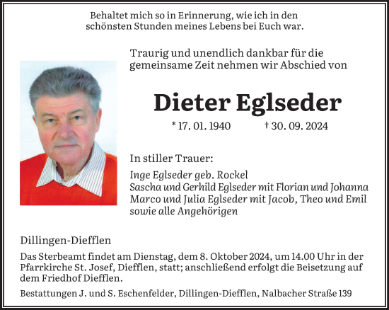 Traueranzeige von Dieter Eglseder von saarbruecker_zeitung