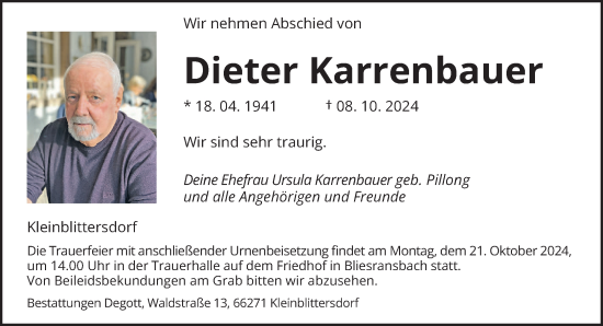 Traueranzeige von Dieter Karrenbauer von saarbruecker_zeitung