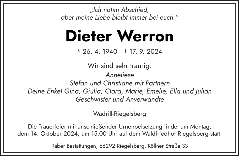  Traueranzeige für Dieter Werron vom 05.10.2024 aus saarbruecker_zeitung