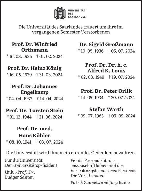 Traueranzeige von Die Universität wird ihnen ein ehrendes Gedenken bewahren  von saarbruecker_zeitung