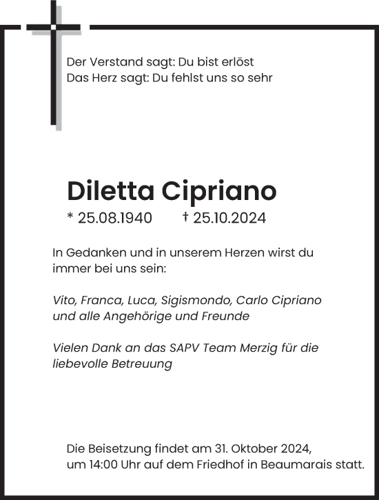 Traueranzeige von Diletta Cipriano von saarbruecker_zeitung