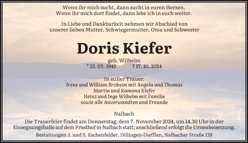  Traueranzeige für Doris Kiefer vom 26.10.2024 aus saarbruecker_zeitung