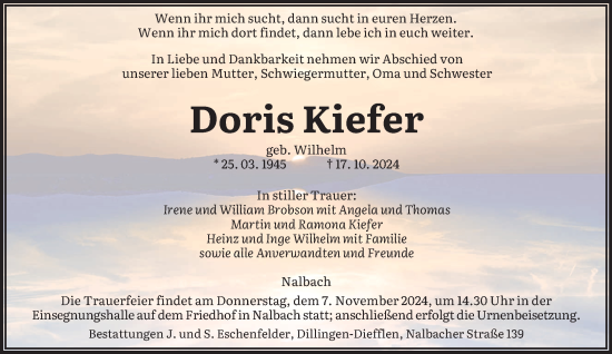 Traueranzeige von Doris Kiefer von saarbruecker_zeitung