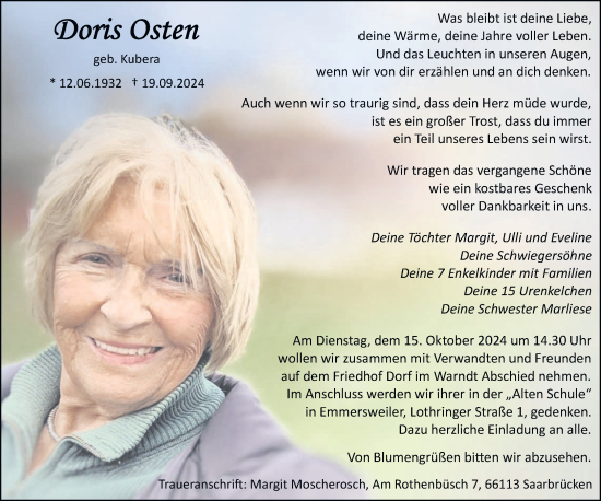 Traueranzeige von Doris Osten von saarbruecker_zeitung