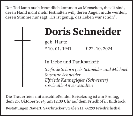 Traueranzeige von Doris Schneider von saarbruecker_zeitung