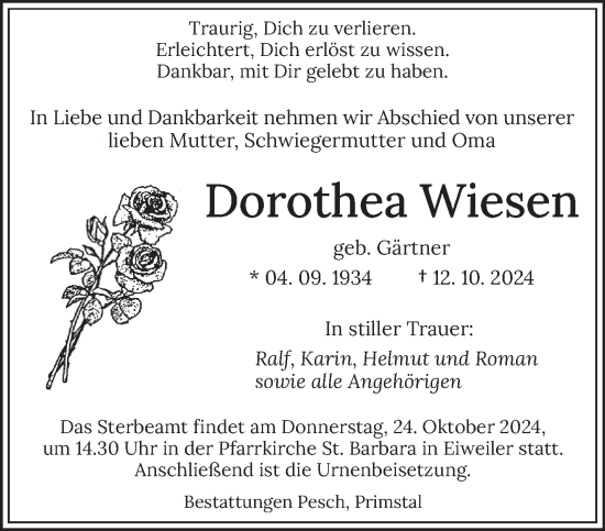 Traueranzeige von Dorothea Wiesen von saarbruecker_zeitung