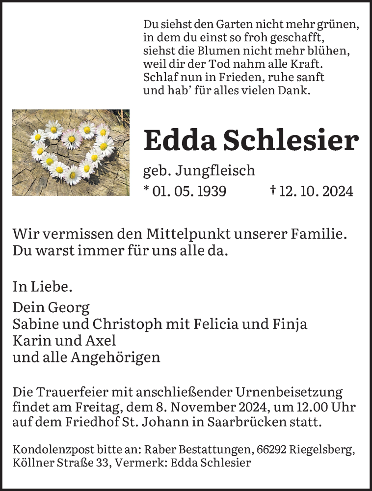  Traueranzeige für Edda Schlesier vom 26.10.2024 aus saarbruecker_zeitung