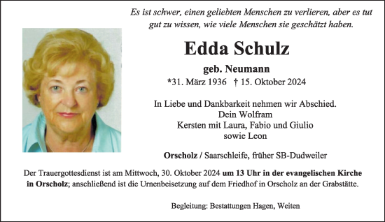 Traueranzeige von Edda Schulz von saarbruecker_zeitung