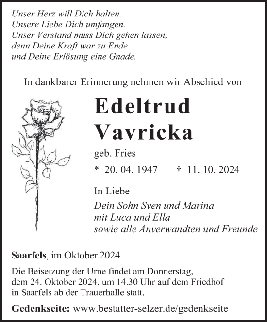 Traueranzeige von Edeltrud Vavricka von saarbruecker_zeitung