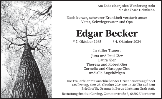 Traueranzeige von Edgar Becker von saarbruecker_zeitung