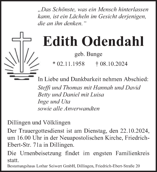 Traueranzeige von Edith Odendahl von saarbruecker_zeitung