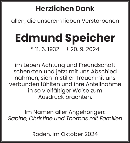 Traueranzeige von Edmund Speicher von saarbruecker_zeitung