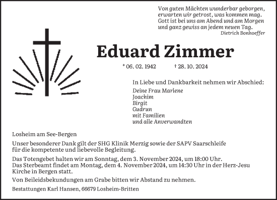 Traueranzeige von Eduard Zimmer von saarbruecker_zeitung