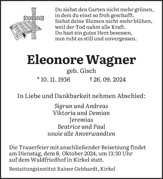 Traueranzeige von Eleonore Wagner von saarbruecker_zeitung