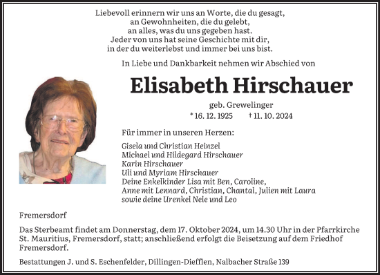 Traueranzeige von Elisabeth Hirschauer von saarbruecker_zeitung