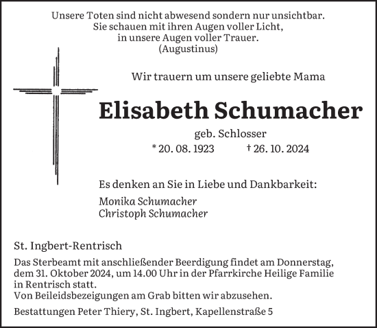 Traueranzeige von Elisabeth Schumacher von saarbruecker_zeitung