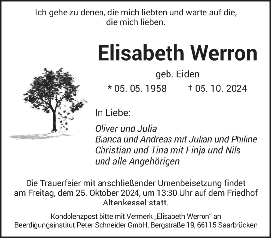 Traueranzeige von Elisabeth Werron von saarbruecker_zeitung