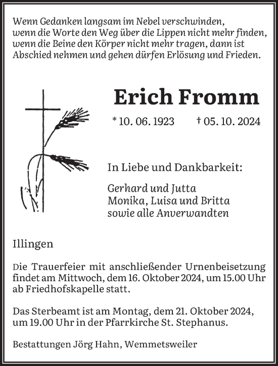 Traueranzeige von Erich Fromm von saarbruecker_zeitung