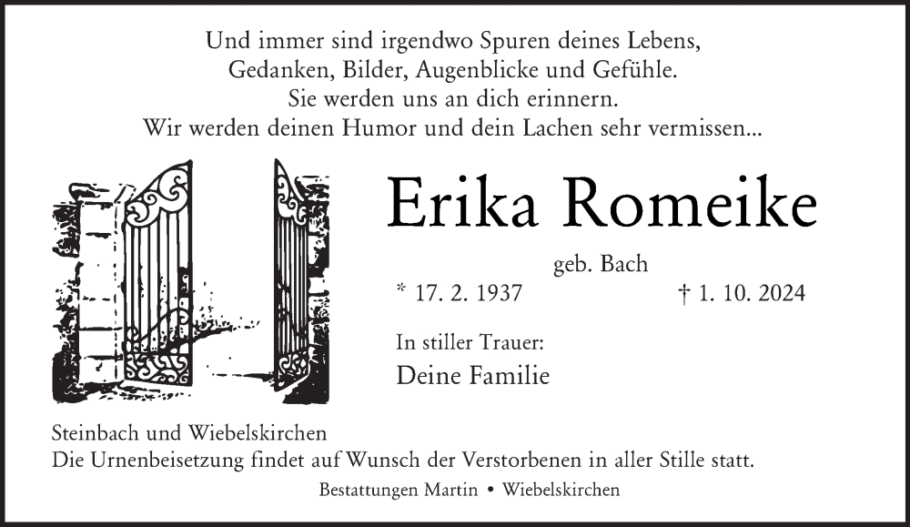  Traueranzeige für Erika Romeike vom 12.10.2024 aus saarbruecker_zeitung