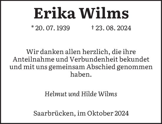 Traueranzeige von Erika Wilms von saarbruecker_zeitung