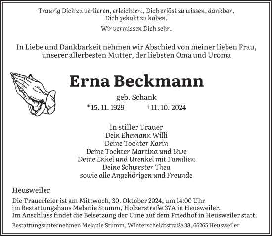 Traueranzeige von Erna Beckmann von saarbruecker_zeitung