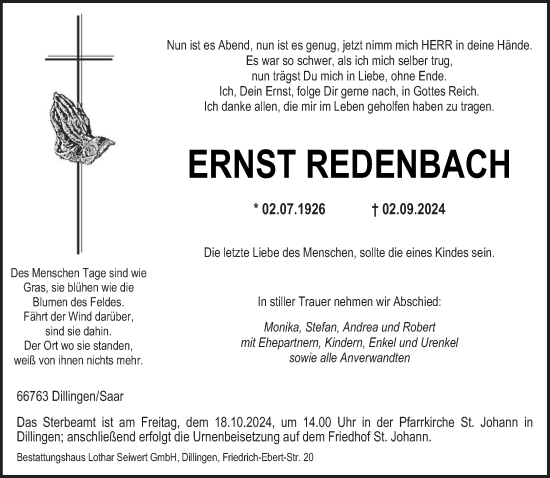 Traueranzeige von Ernst Redenbach von saarbruecker_zeitung