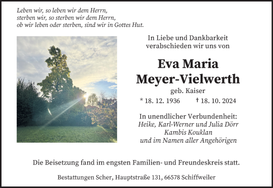 Traueranzeige von Eva Maria Meyer-Vielwerth von saarbruecker_zeitung