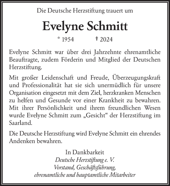 Traueranzeige von Evelyne Schmitt von saarbruecker_zeitung