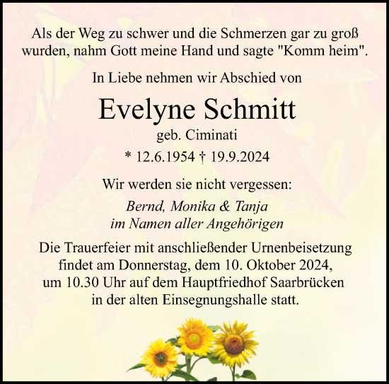 Traueranzeige von Evelyne Schmitt von saarbruecker_zeitung