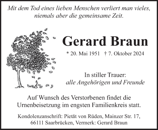 Traueranzeige von Gerard Braun von saarbruecker_zeitung