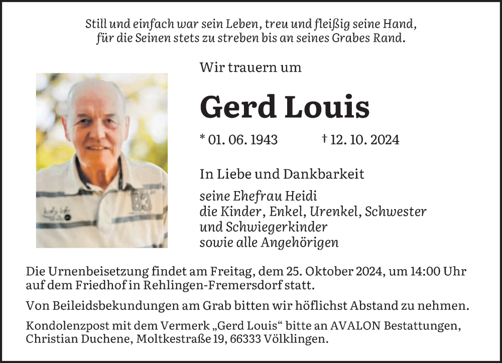  Traueranzeige für Gerd Louis vom 19.10.2024 aus saarbruecker_zeitung