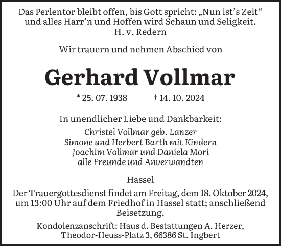 Traueranzeige von Gerhard Vollmar von saarbruecker_zeitung