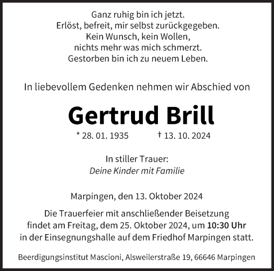 Traueranzeige von Gertrud Brill von saarbruecker_zeitung