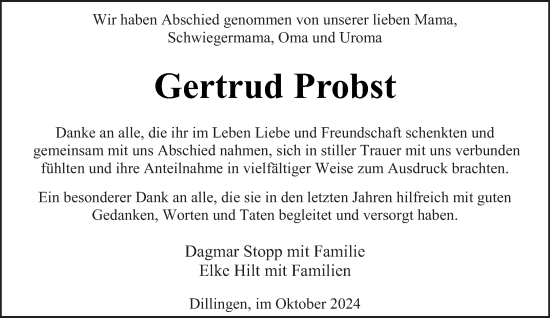 Traueranzeige von Gertrud Probst von saarbruecker_zeitung