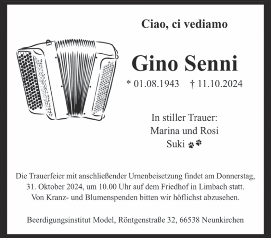 Traueranzeige von Gino Senni von saarbruecker_zeitung