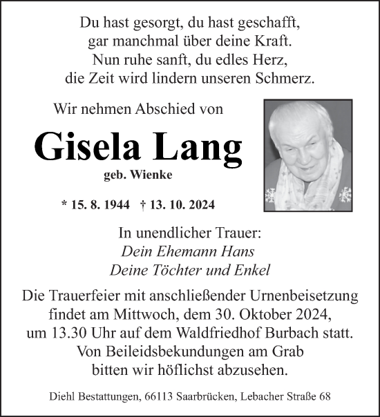 Traueranzeige von Gisela Lang von saarbruecker_zeitung