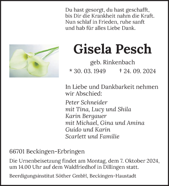 Traueranzeige von Gisela Pesch von saarbruecker_zeitung