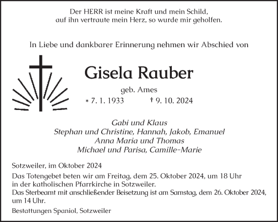 Traueranzeige von Gisela Rauber von saarbruecker_zeitung