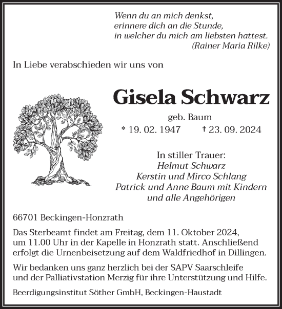 Traueranzeige von Gisela Schwarz von saarbruecker_zeitung