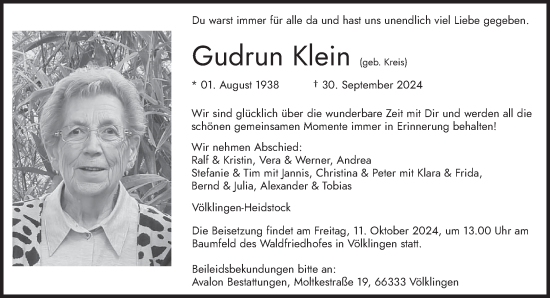 Traueranzeige von Gudrun Klein von saarbruecker_zeitung