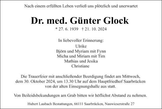 Traueranzeige von Günter Glock von saarbruecker_zeitung