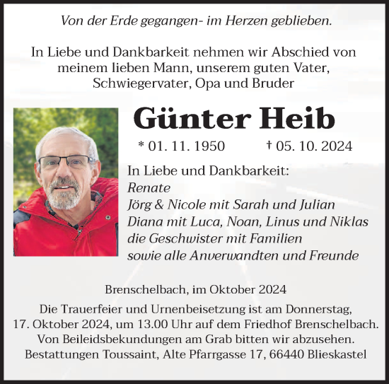 Traueranzeige von Günter Heib von saarbruecker_zeitung