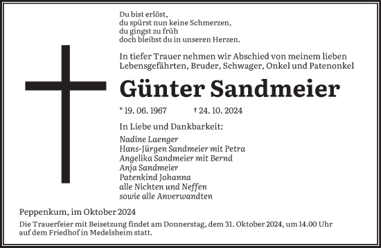 Traueranzeige von Günter Sandmeier von saarbruecker_zeitung