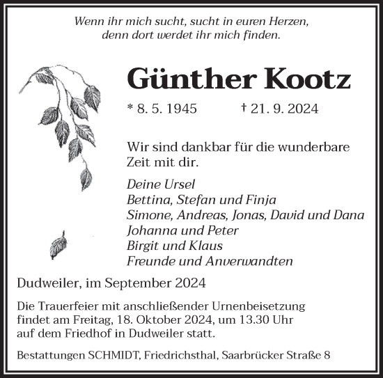 Traueranzeige von Günther Kootz von saarbruecker_zeitung