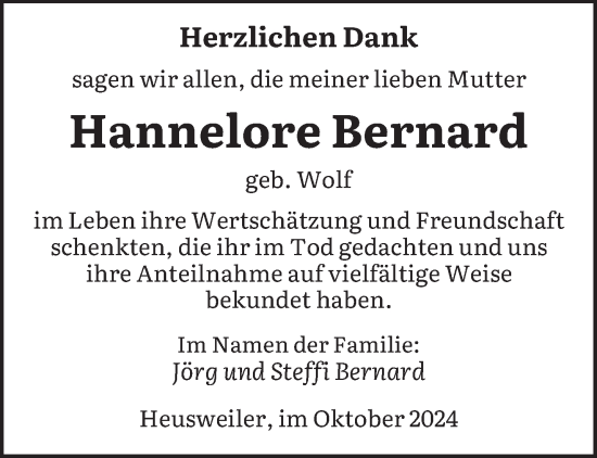 Traueranzeige von Hannelore Bernard von saarbruecker_zeitung