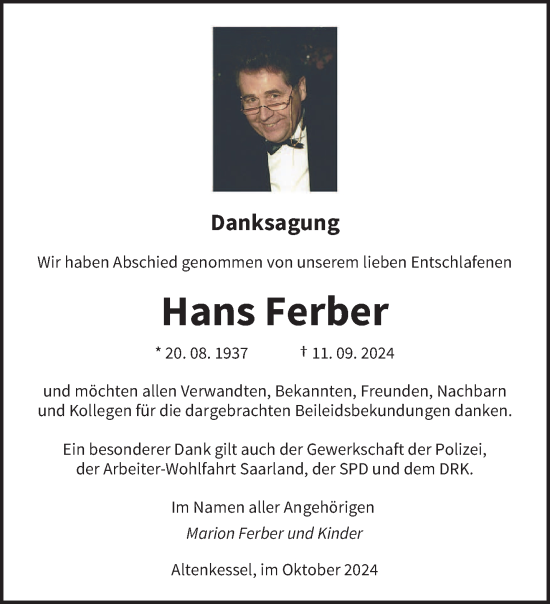 Traueranzeige von Hans Ferber von saarbruecker_zeitung