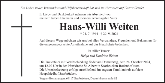 Traueranzeige von Hans-Willi Weiten von saarbruecker_zeitung