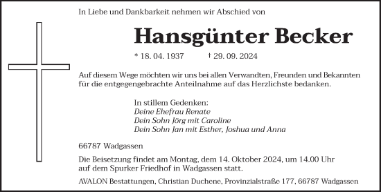 Traueranzeige von Hansgünter Becker von saarbruecker_zeitung