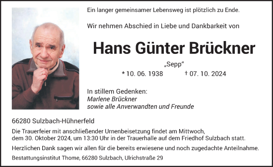 Traueranzeige von Hans Günter Brückner von saarbruecker_zeitung