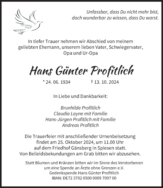 Traueranzeige von Hans Günter Profitlich von saarbruecker_zeitung